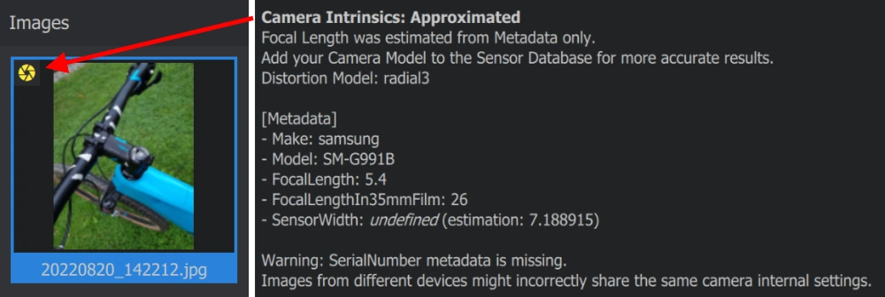 screenshot of approximated camera intrinsics in meshroom